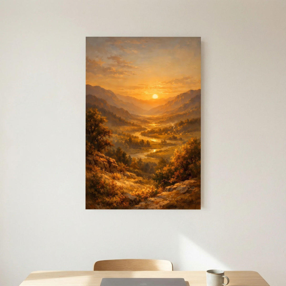 Hochformatiges Wandbild mit Bergkulisse, Fluss und warmem Abendhimmel