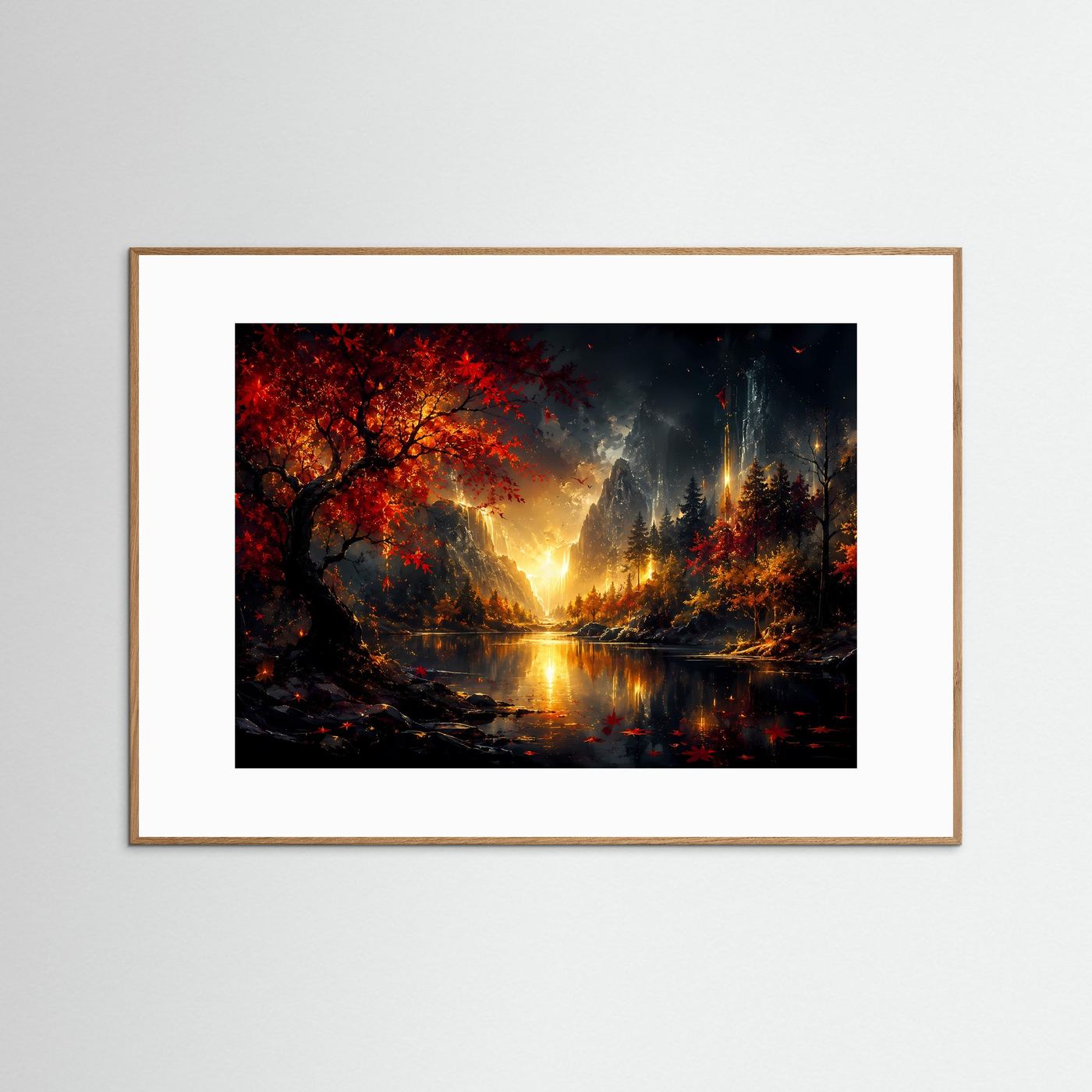 Magischer Herbstwald mit Wasserfall | Goldene Landschaft in Rot & Schwarz