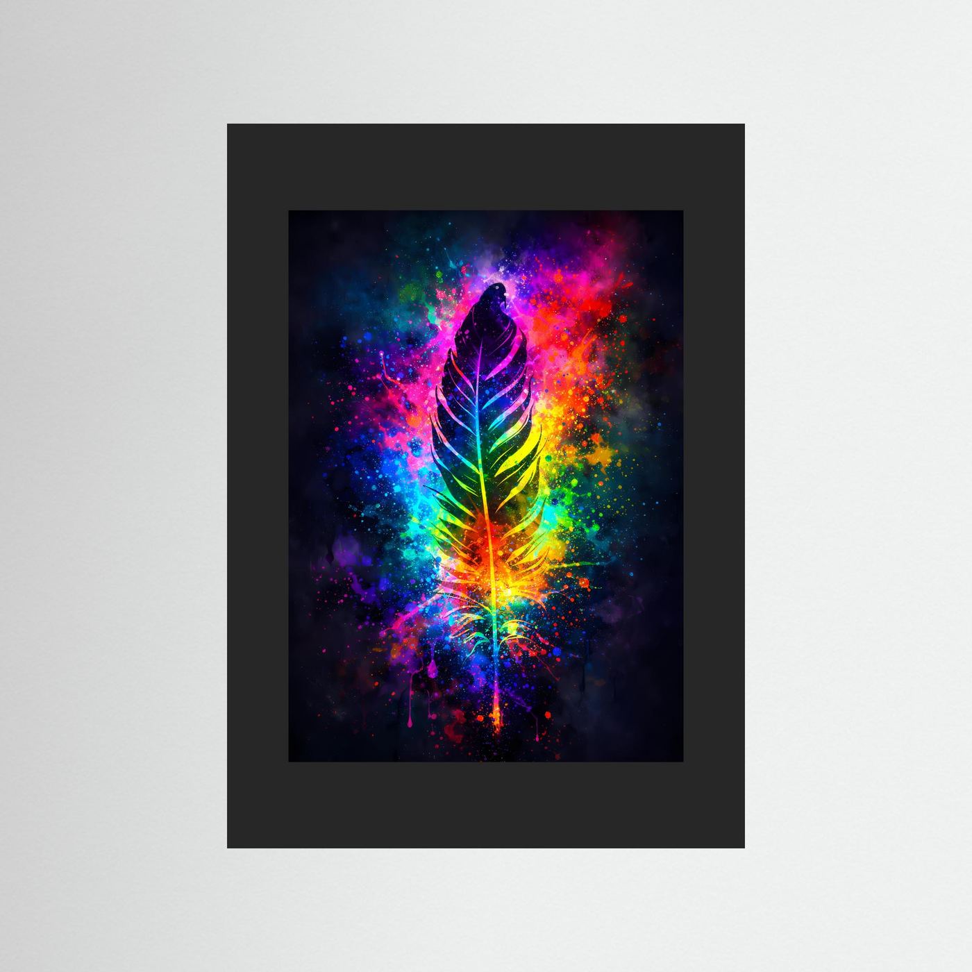 Wandbild mit Regenbogen-Feder im Kosmos, dunkler Rahmen mit Innenrand