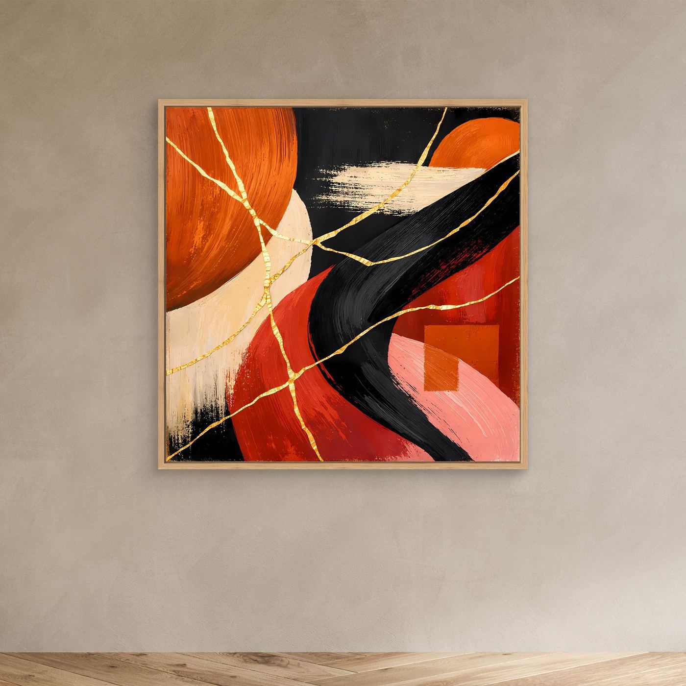 Abstraktes Leinwandbild mit goldenen Risslinien in Rot, Schwarz und Creme, Holzrahmen