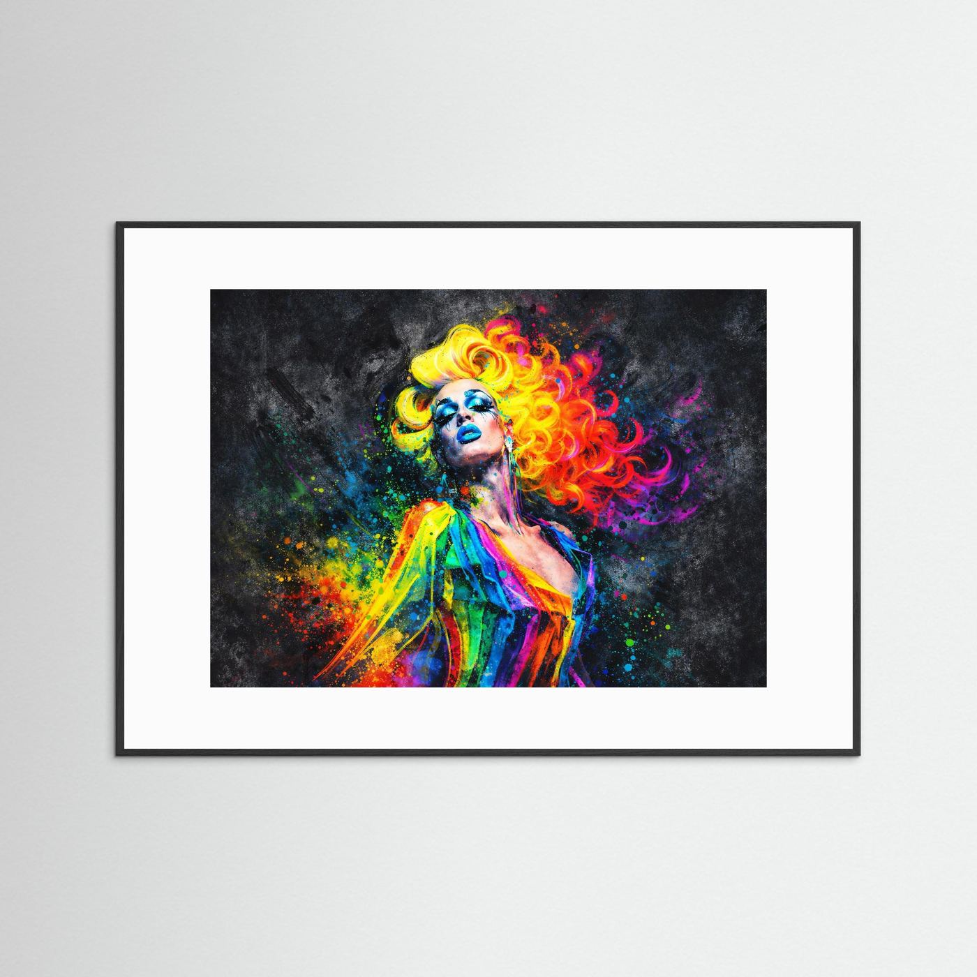 Pop-Art-Wandbild mit Porträt: bunte Locken, schwarzer Holzrahmen