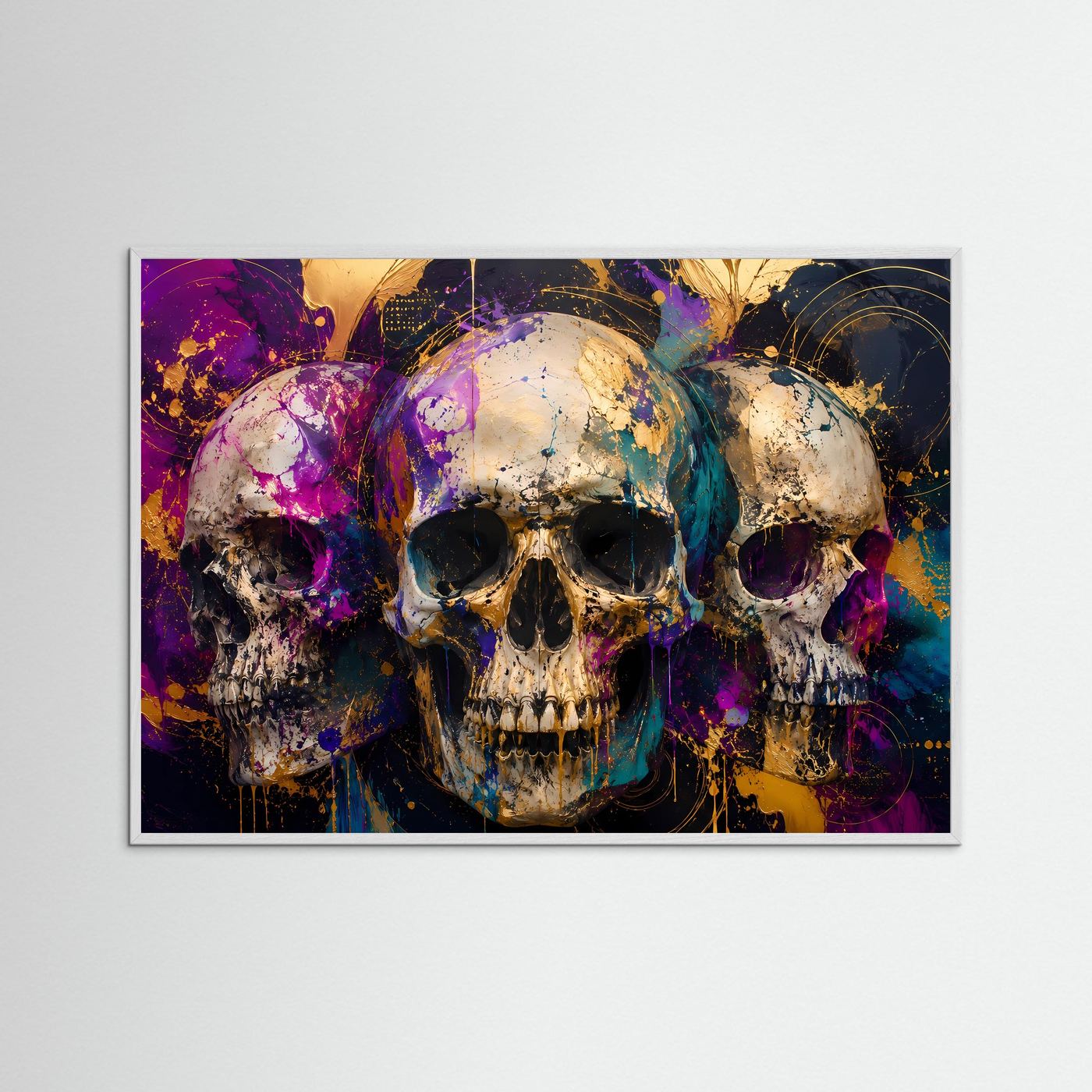 Mystische Totenköpfe mit Gold & Farbexplosion | Modernes Gothic & Abstraktes Poster im Querformat