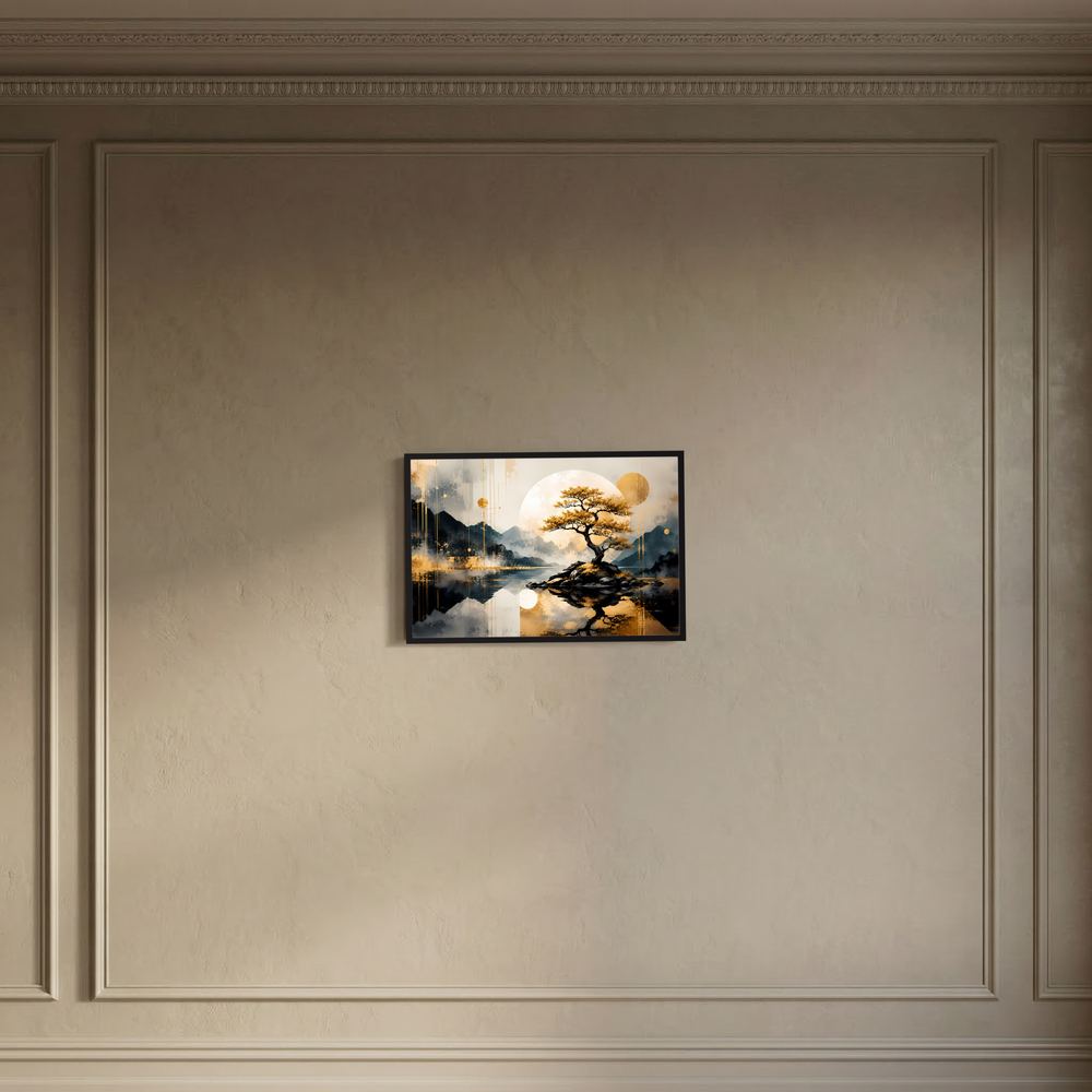 Gerahmtes Poster im Querformat: goldener Bonsai mit rundem Mond, blau-goldene Zen-Landschaft