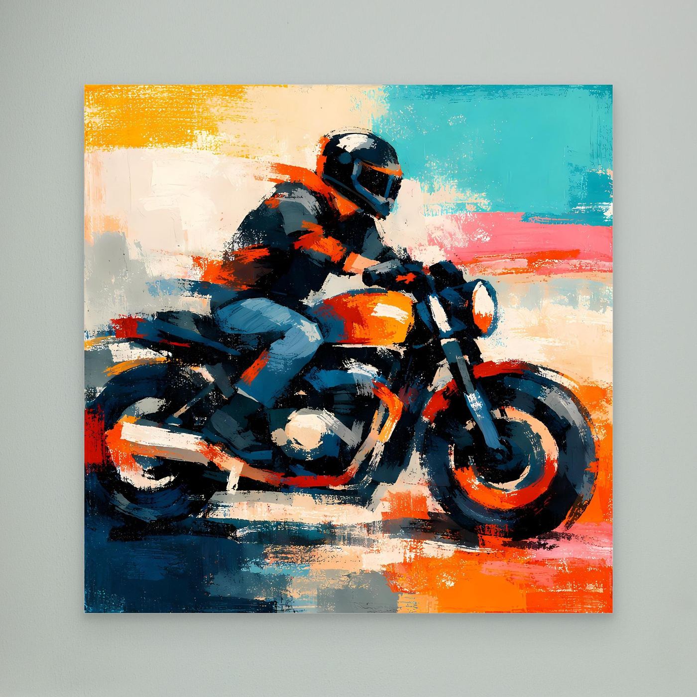 Abstract motorcycle wall art with rider, blue, orange, and black strokes, no frame