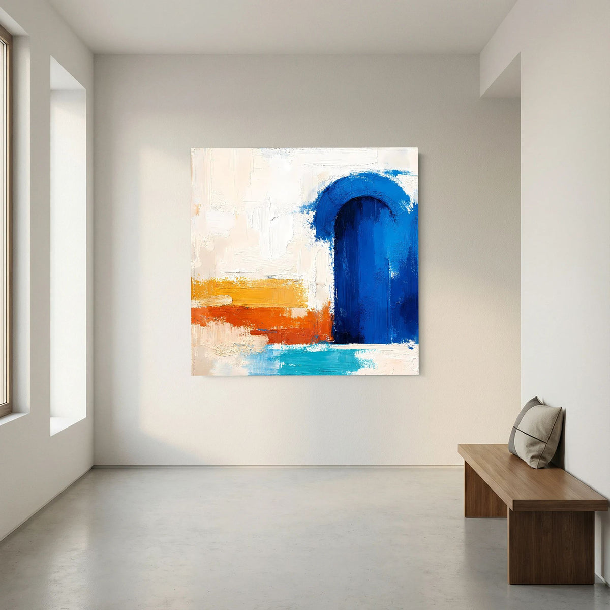 Abstraktes Leinwandbild mit blauem Torbogen, orange-gelber Querlinie und hellen Flächen