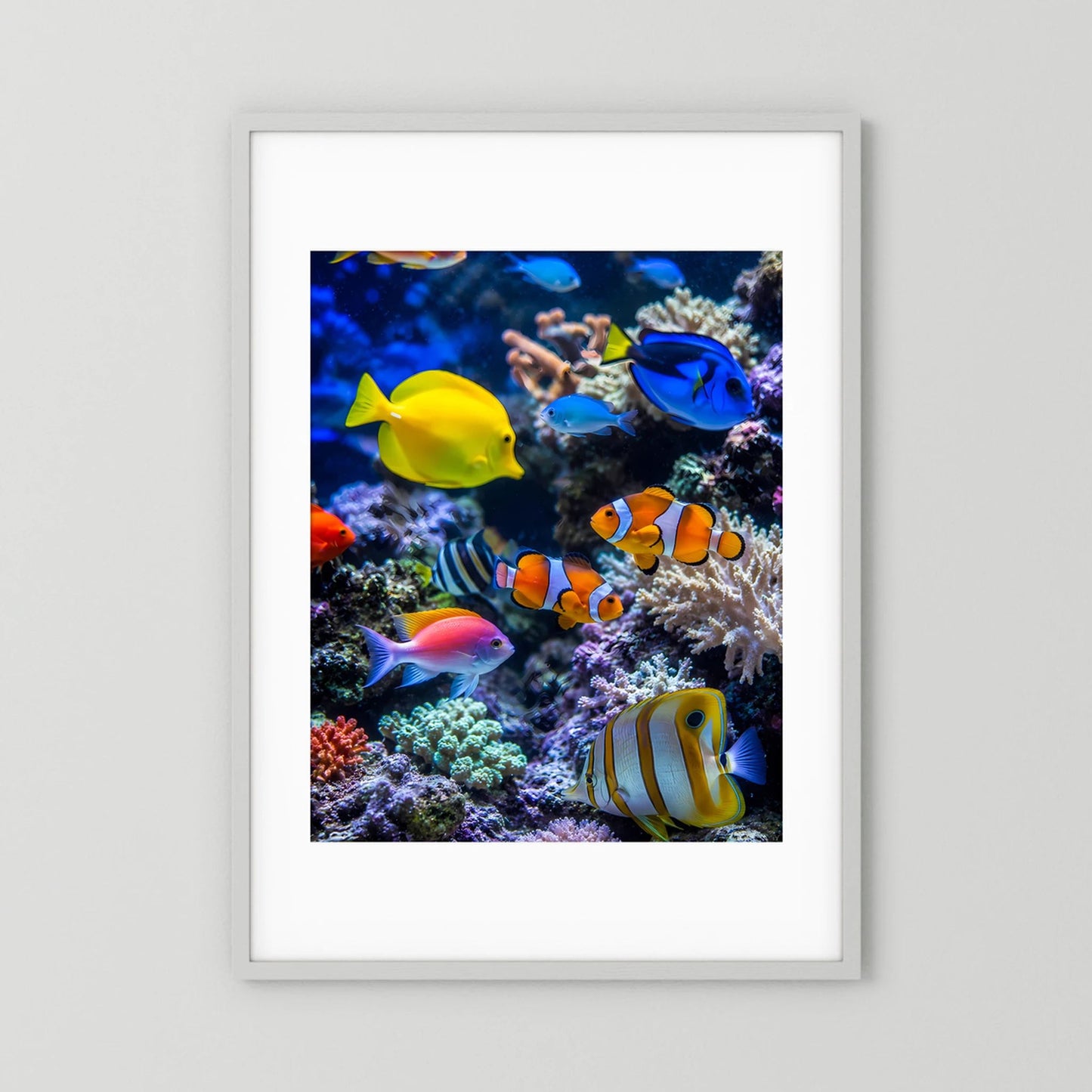 Hochformat-Poster mit bunten Tropenfischen und Korallenriff im weißen Rahmen