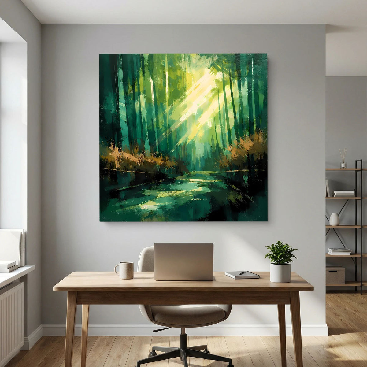 Abstraktes Natur-Wandbild auf Leinwand: grüner Waldkorridor mit leuchtendem Lichtstreifen