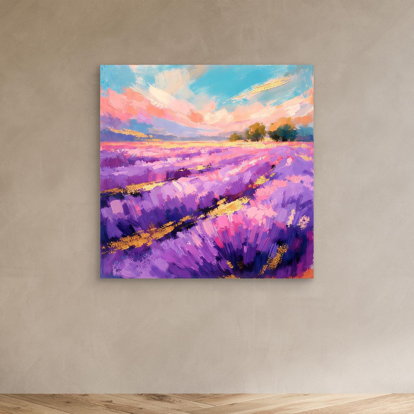 Abstraktes Leinwandbild mit violettem Lavendelfeld und goldenen Farbakzenten
