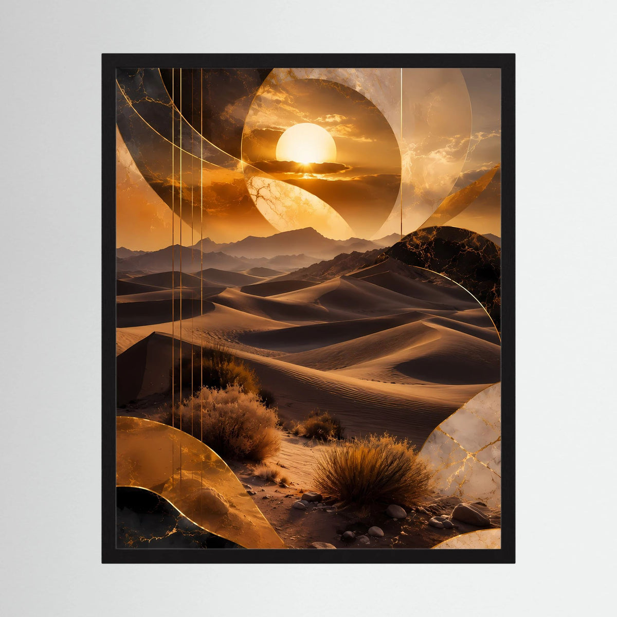 Hochformat-Poster mit goldbrauner Wüstenlandschaft und abstrakten Formen im schwarzen Rahmen