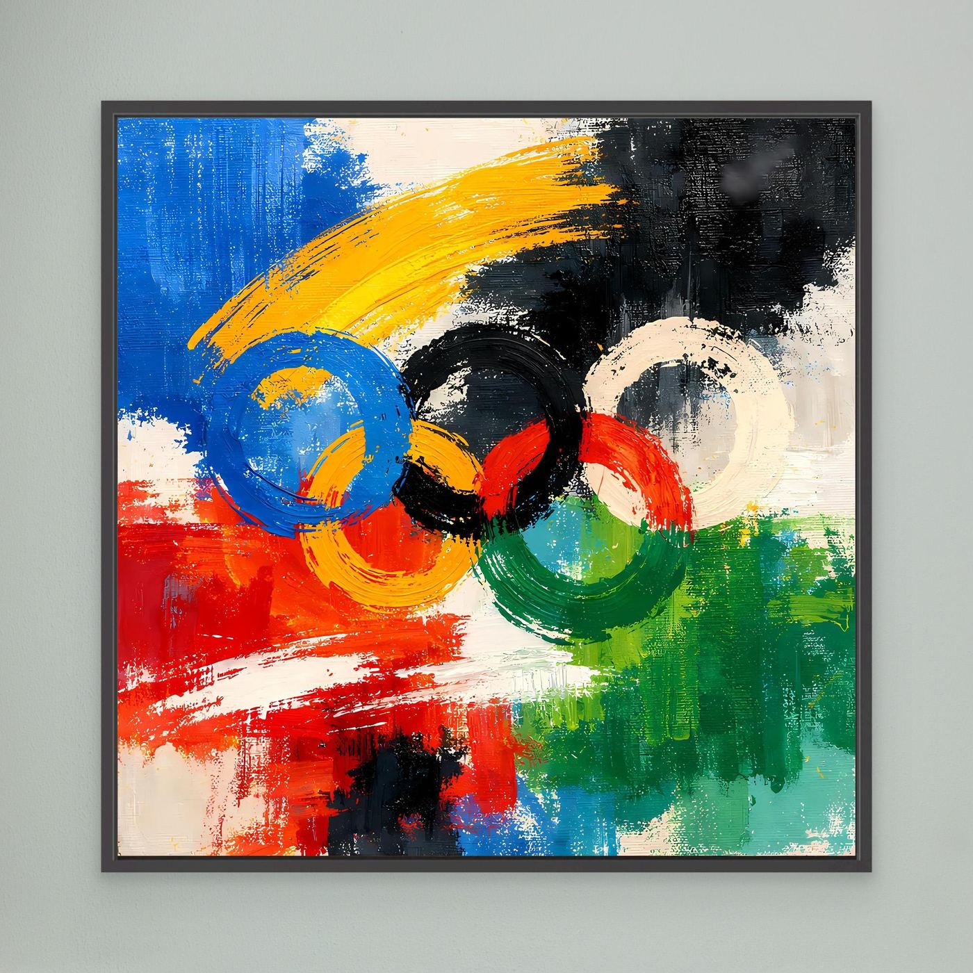 Abstraktes Leinwandbild mit olympischen Ringen, mehrfarbig, schwarzer Rahmen