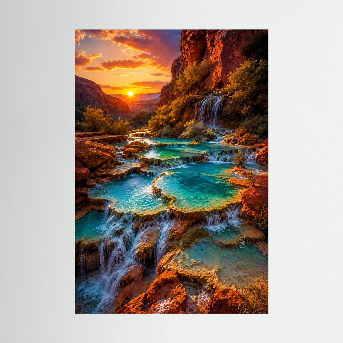 Hochformat-Poster mit Wasserfällen im Canyon und türkisfarbenen Naturpools bei Sonnenuntergang