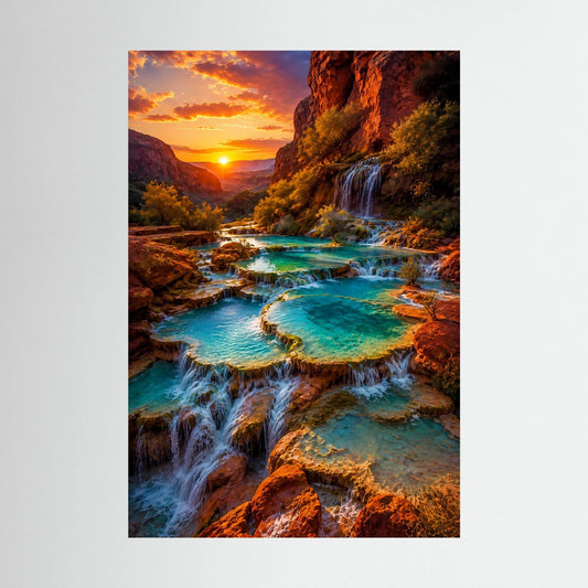 Hochformat-Poster mit Wasserfällen im Canyon und türkisfarbenen Naturpools bei Sonnenuntergang