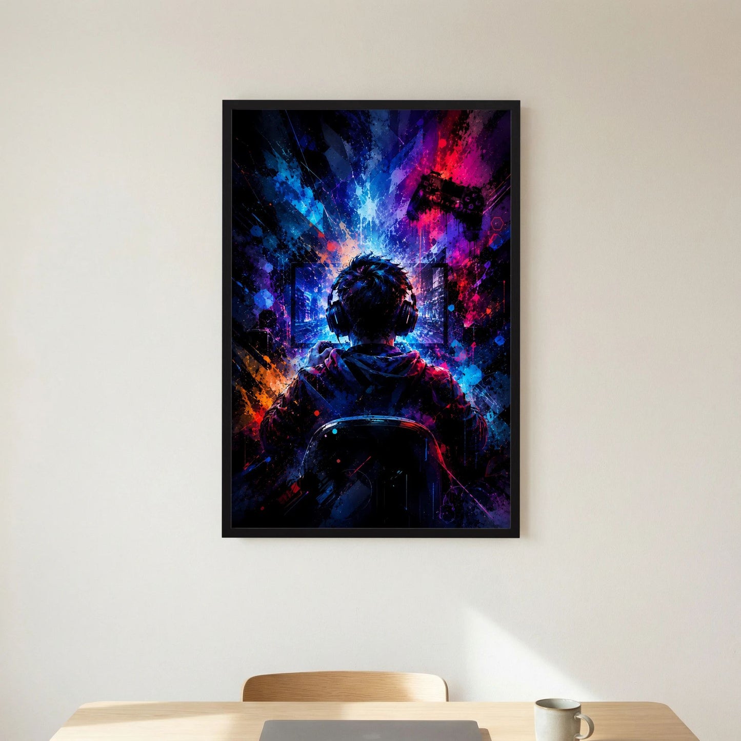 Hochformatiges Poster mit Gamer im Neon-Look, Headset und Controller, schwarzer Rahmen