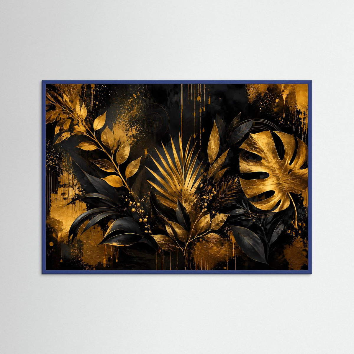 Tropenblatt-Poster im Querformat mit goldenen Blättern, blauer Holzrahmen