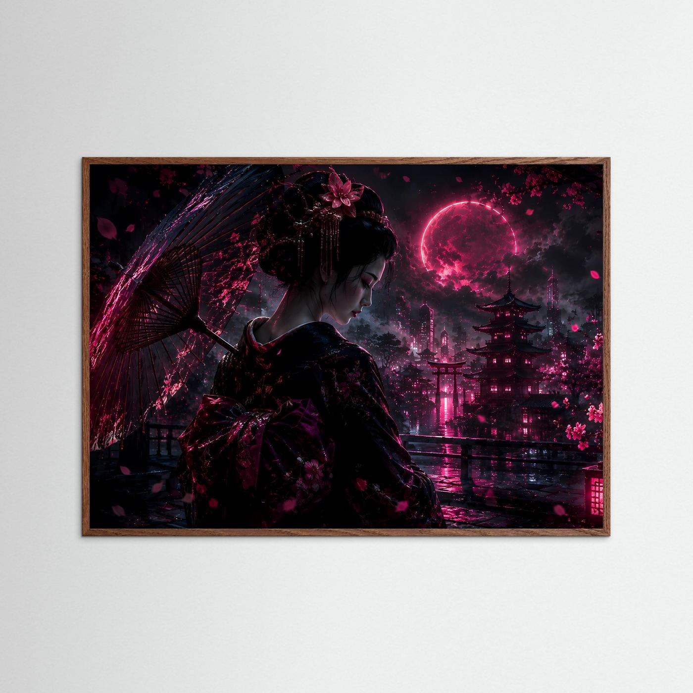 Geisha bei Nacht in Neon Pink | Japanische Cyberpunk Kunst mit Mond & Pagode
