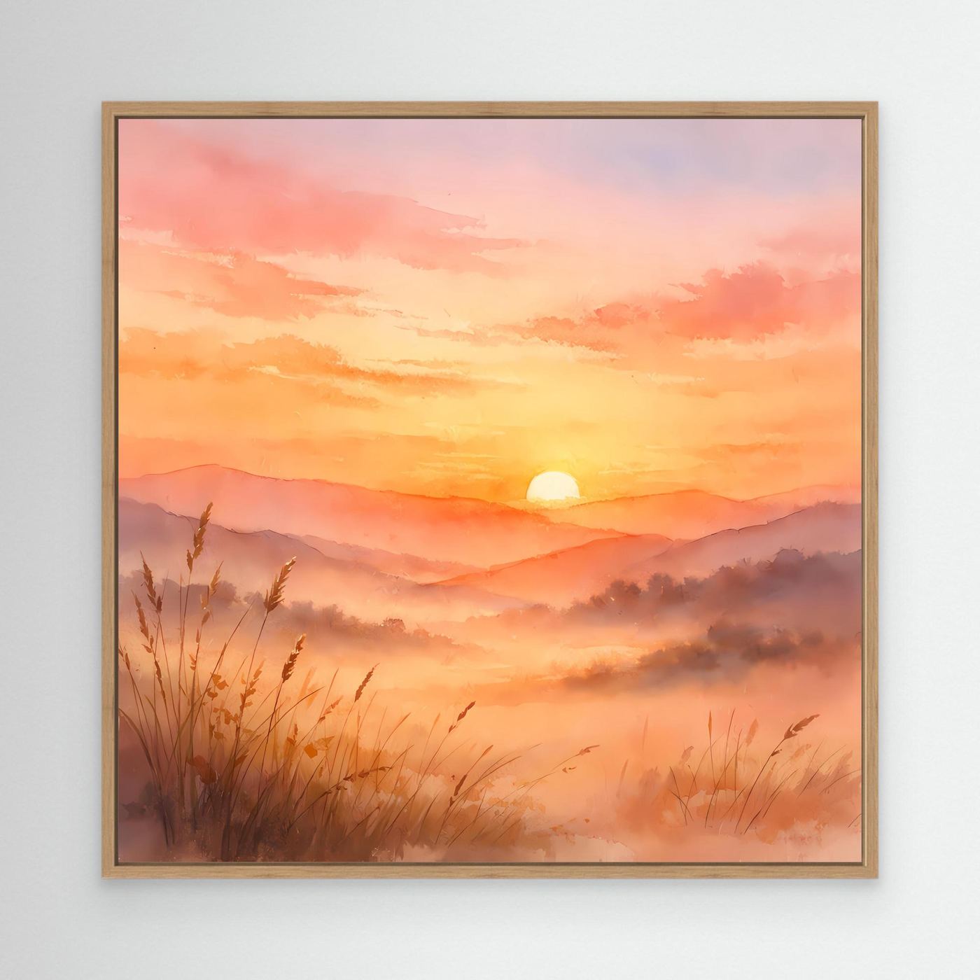 Leinwandbild mit Sonnenuntergang über Bergen, Nebel und Gräsern; Eichenrahmen