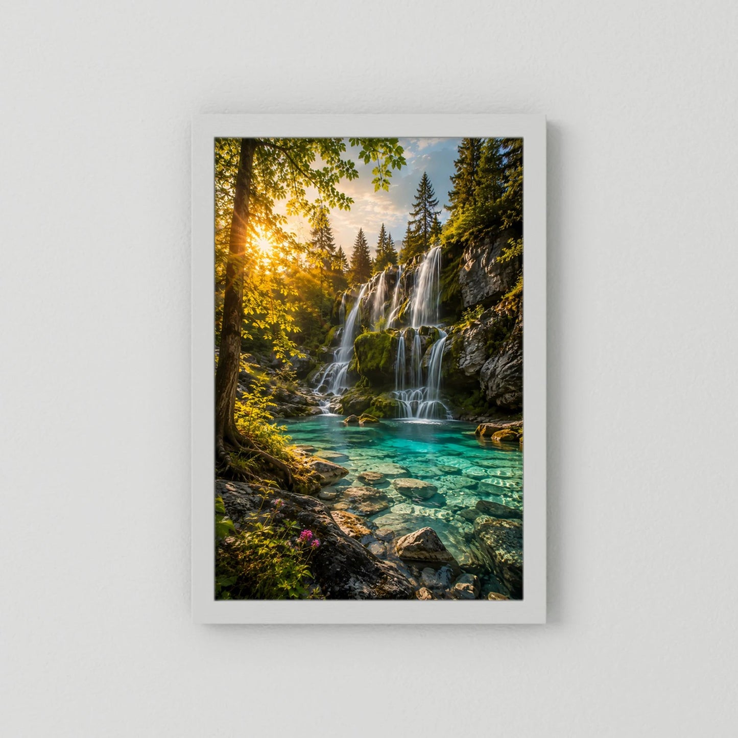 Poster mit Wasserfall im Wald und türkisfarbenem Wasser, weißer Rahmen