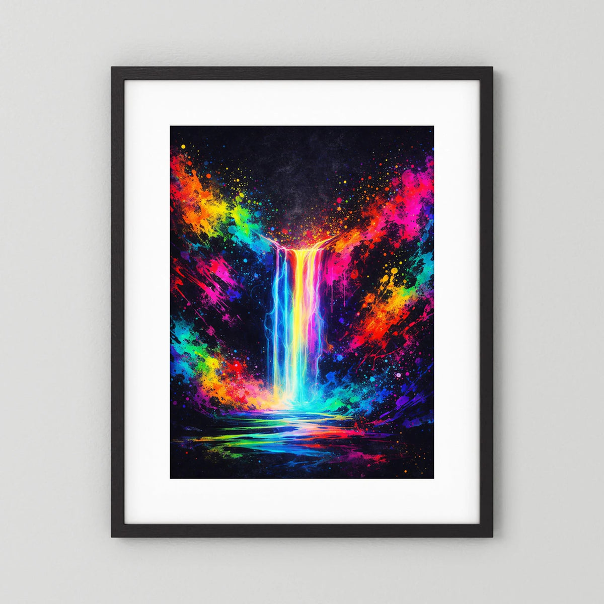 Neon-Wandposter im schwarzen Rahmen mit weißem Rand, abstrakter Wasserfall, Hochformat