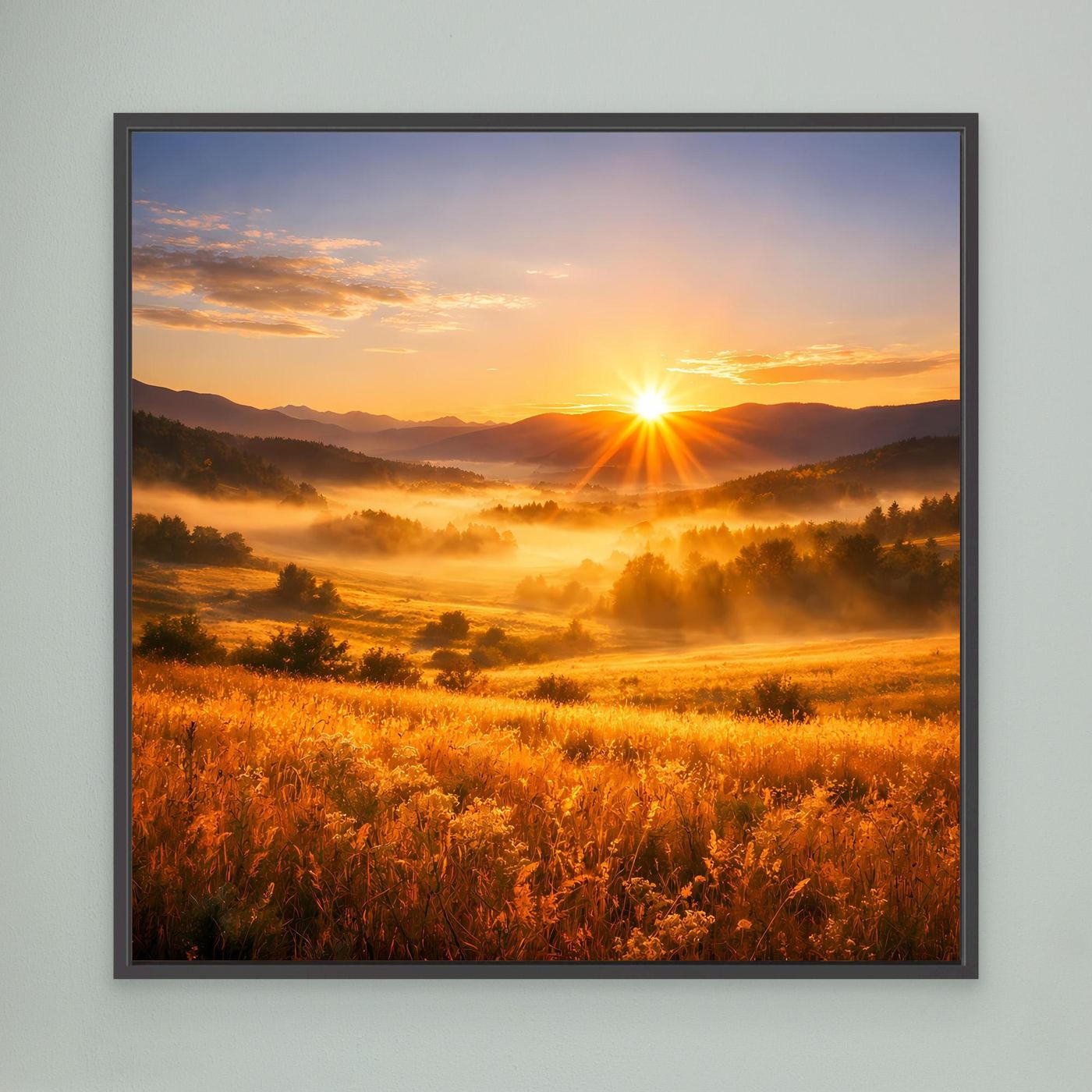 Leinwandbild mit Sonnenaufgang über goldenem Bergtal, schwarzer Rahmen