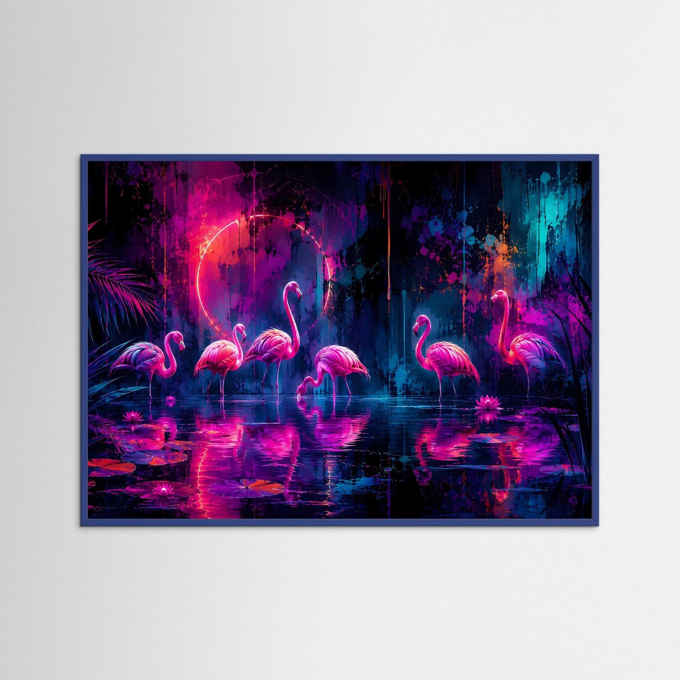 Neon Flamingos Poster | Magische Tropische Nacht in Pink Blau Fantasy Wandbild Querformat
