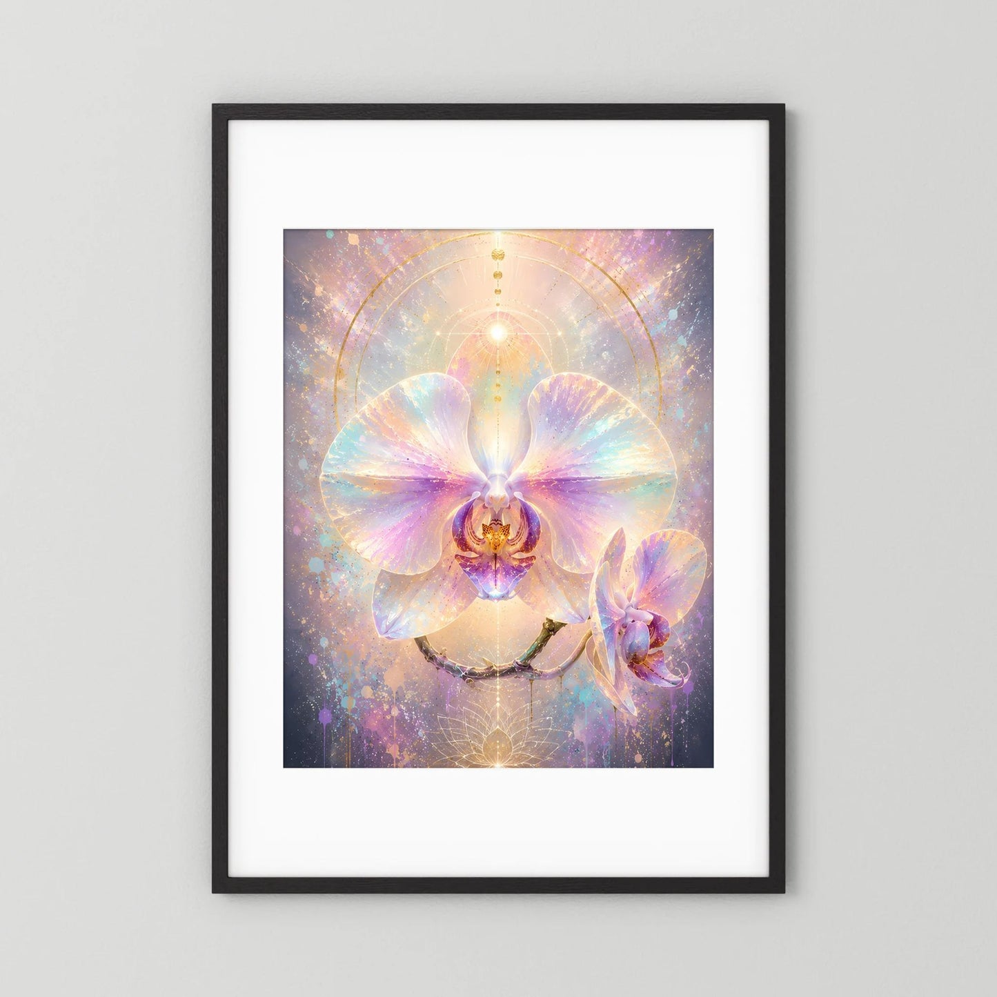 Orchideen-Pastellposter mit schwarzem Rahmen und weißem Passepartout, leuchtende Orchideenblüte