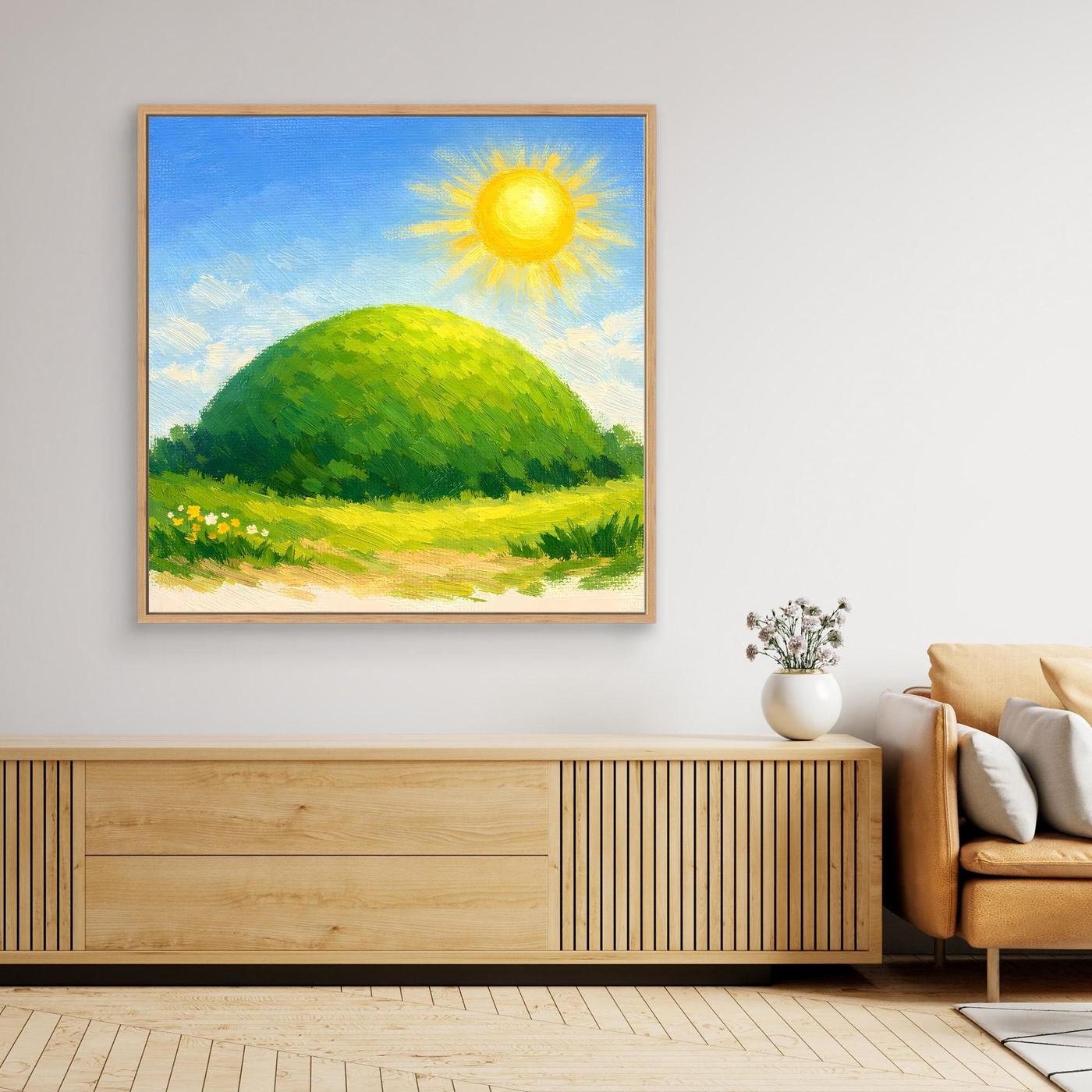 Quadratisches Leinwandbild mit grünem Hügel und leuchtender gelber Sonne, Naturwiese