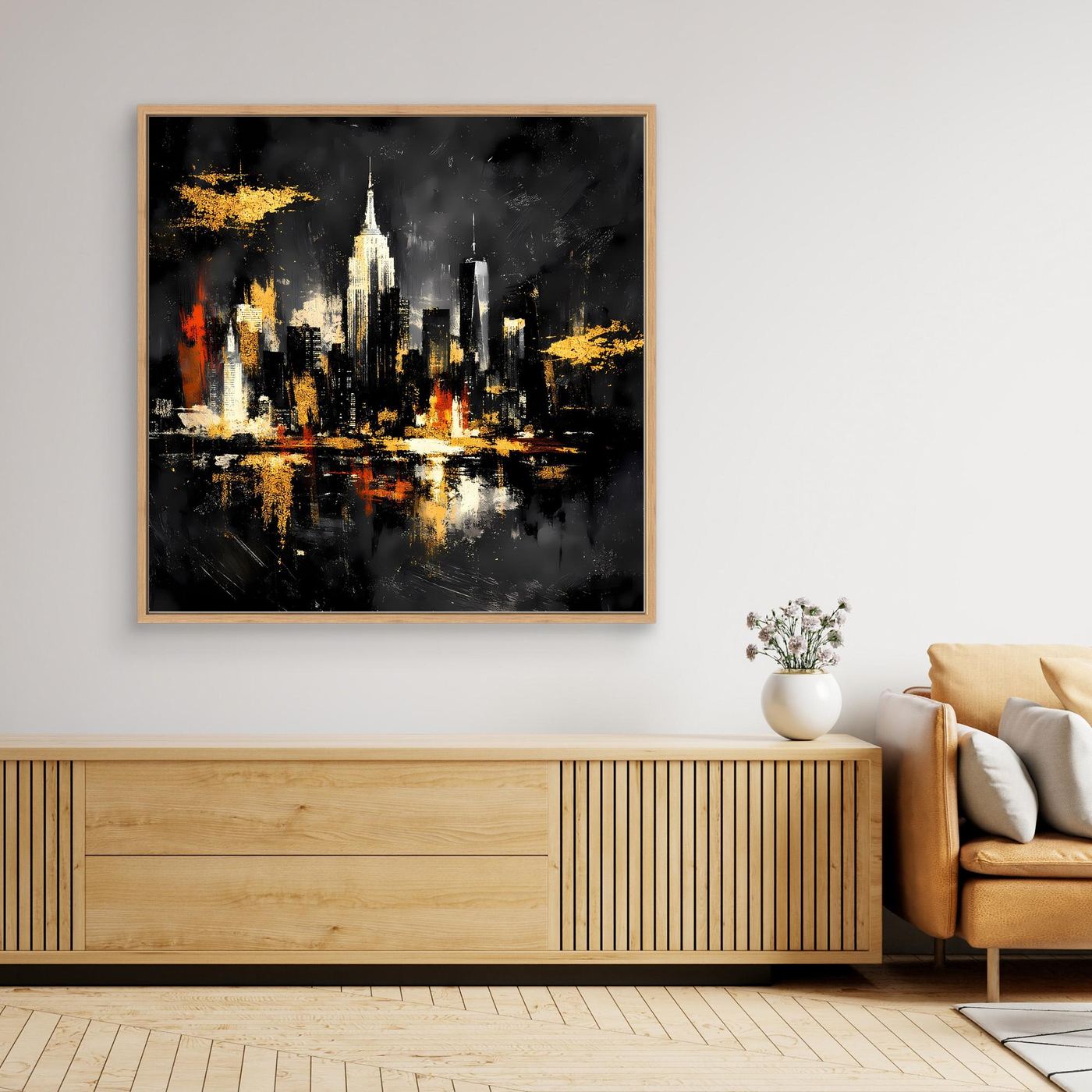 Leinwand Goldene New York Skyline bei Nacht | Abstraktes NYC Wandbild Modern