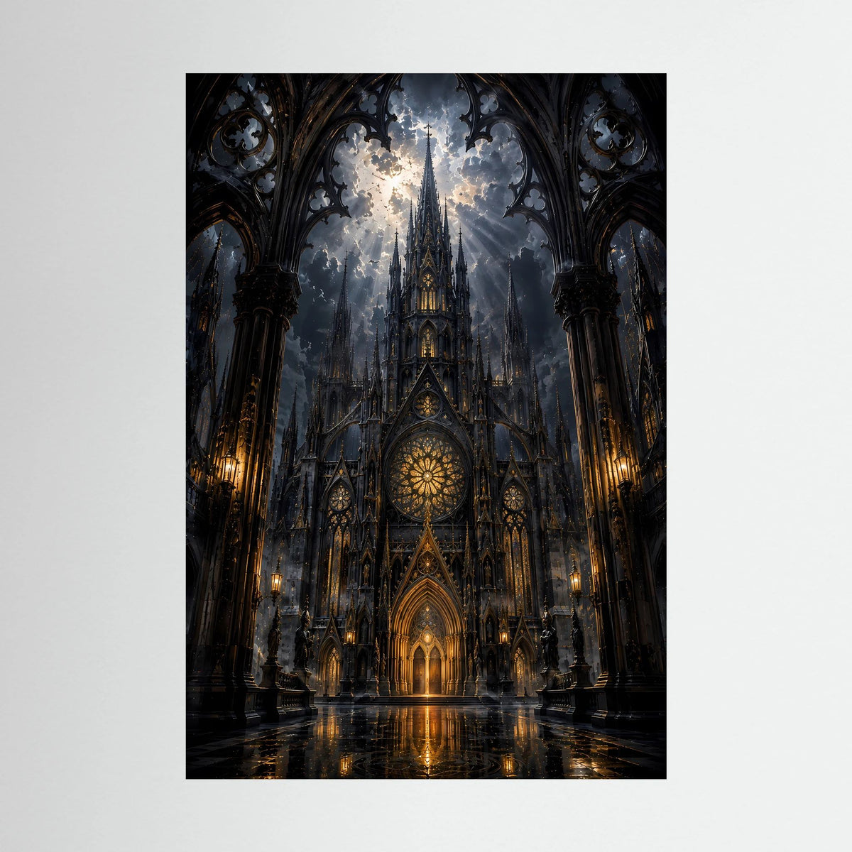 Hochformatiges Poster mit gotischer Kathedrale in Schwarz und Gold, zentriert