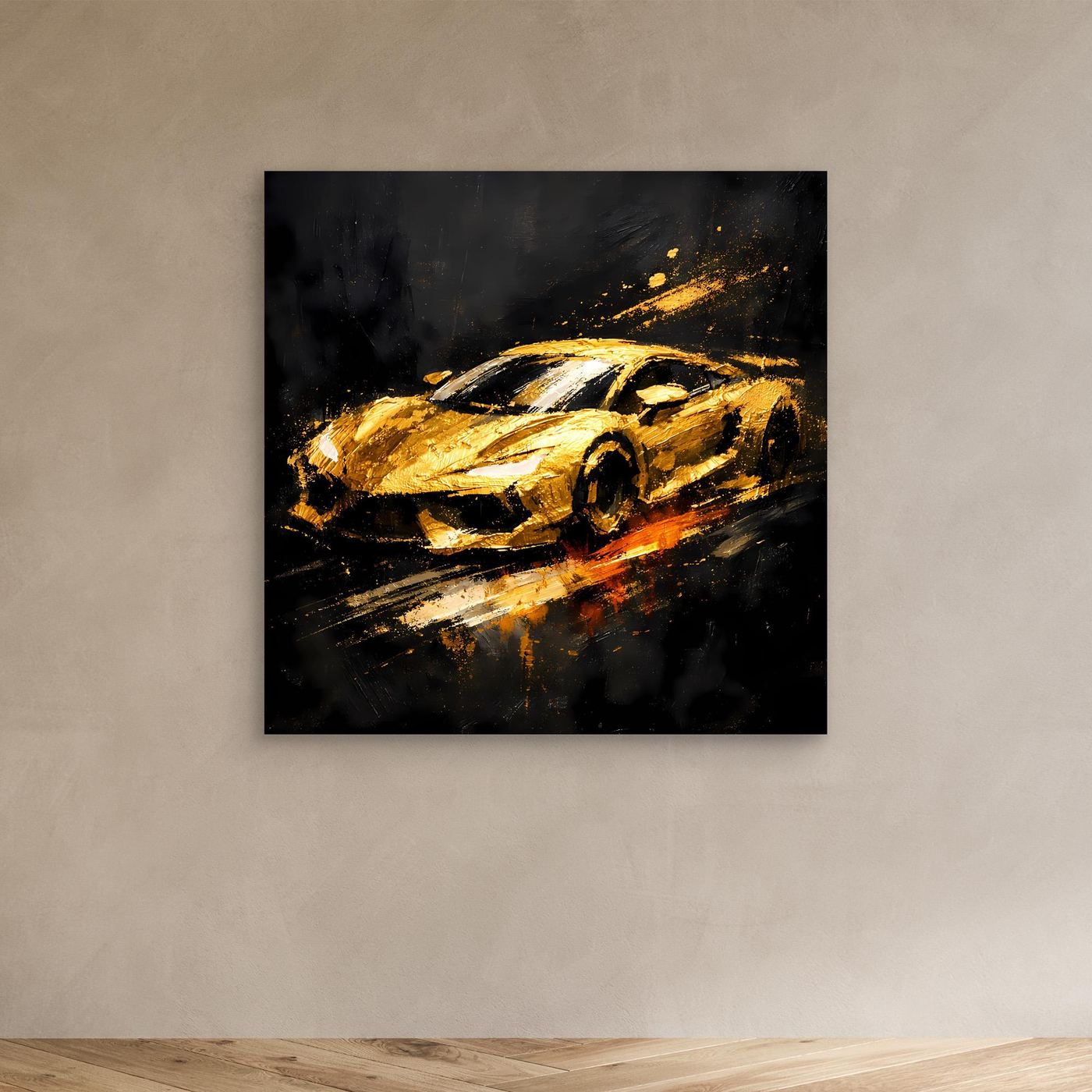 Leinwand Goldener Sportwagen Abstrakt | Modernes Rennwagen Wandbild Schwarz Gold