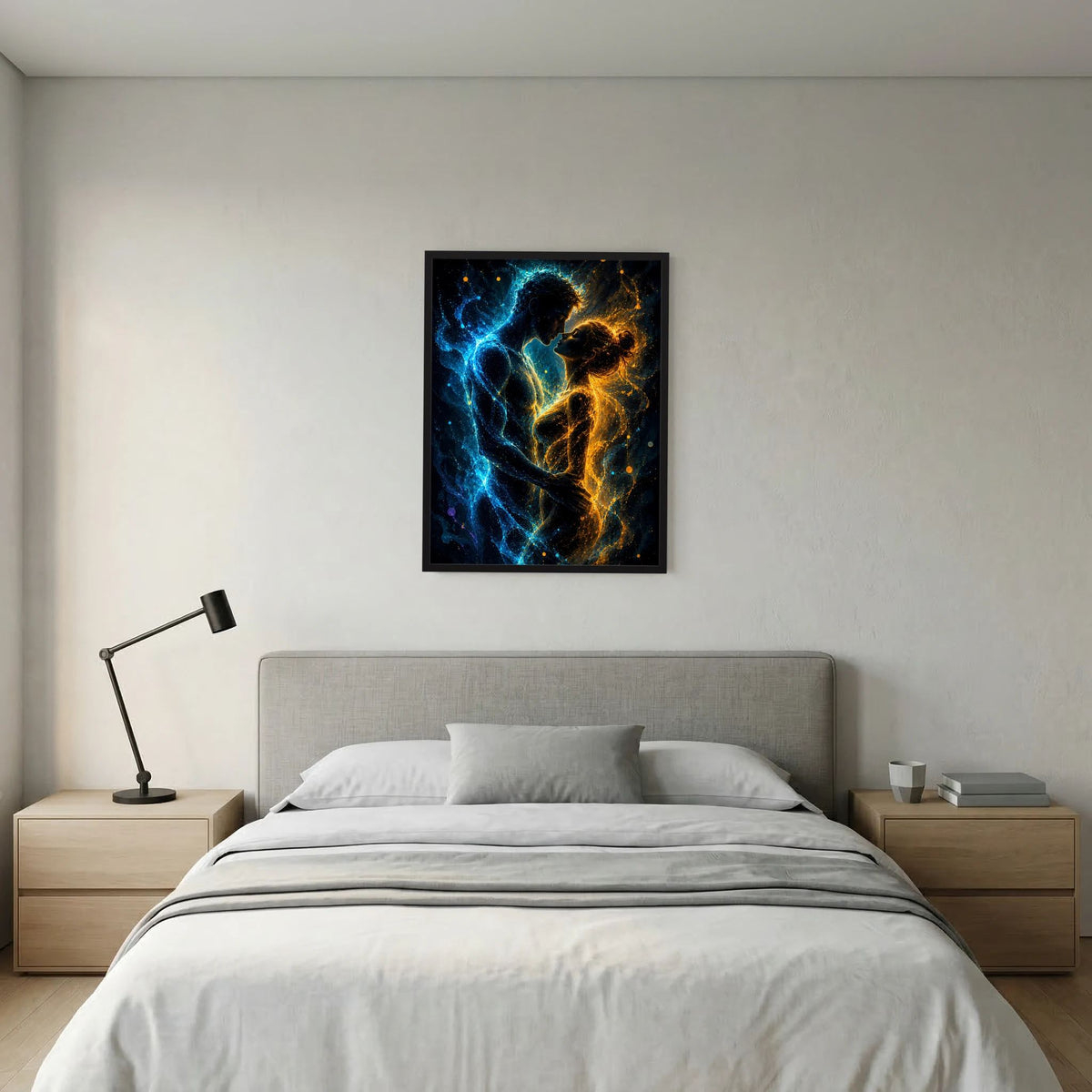 Quadratisches Poster mit schwarzem Rahmen, blaues und goldenes Lichtmuster eines Paares