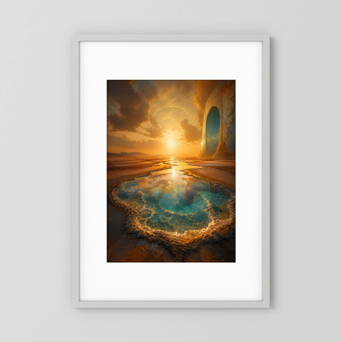 Gerahmtes Poster im Hochformat mit goldenem Portal über türkisfarbener Quelle in Wüste