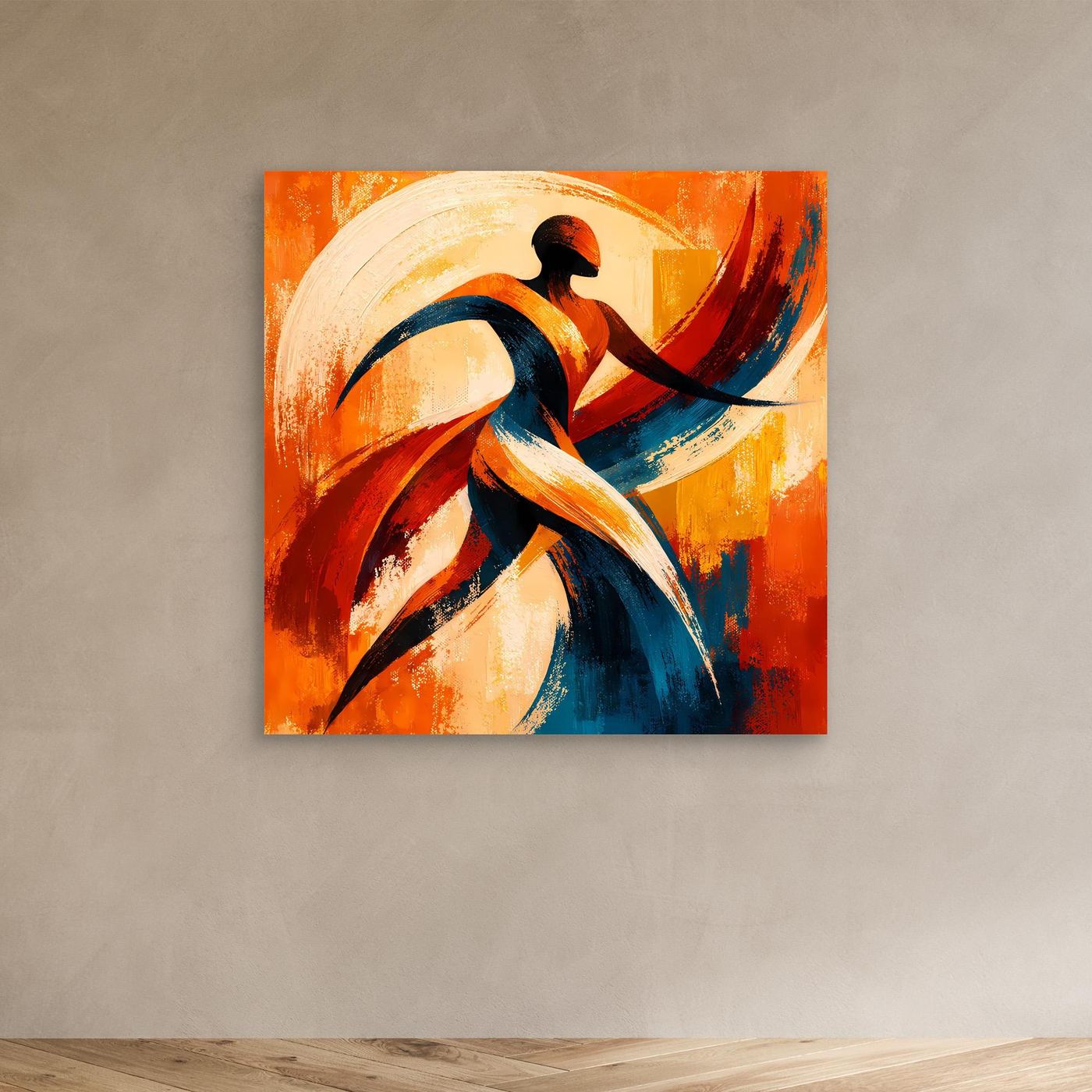 Leinwandbild abstrakte Tänzer-Silhouette ohne Rahmen, dynamische Figur in Orange und Blau