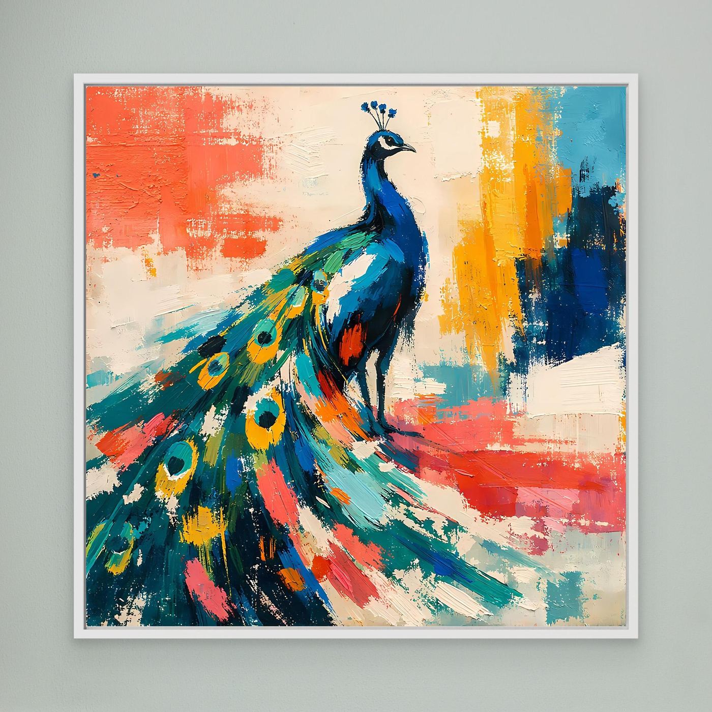 Canvas abstract peacock wall art in blue and multicolor with white frame