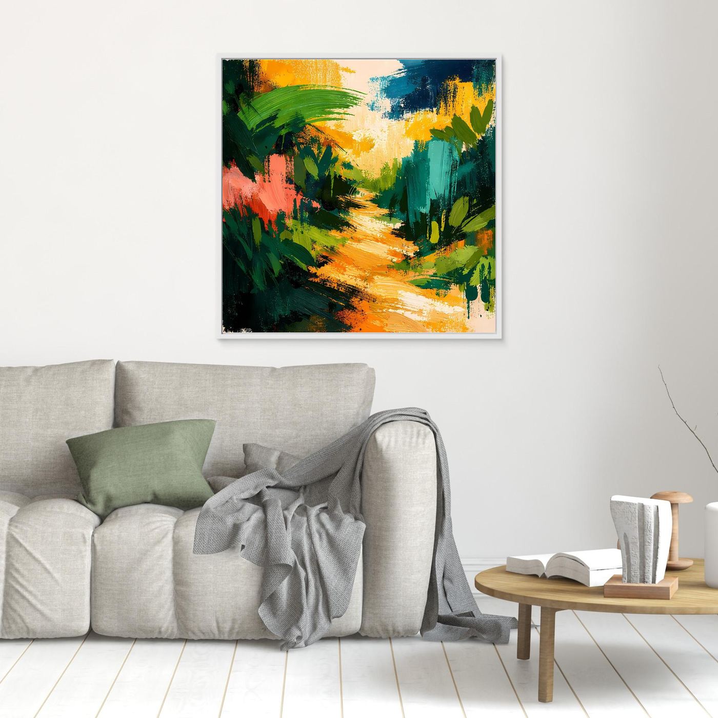 Framed square abstract forest path canvas wall art in green, orange, teal tones