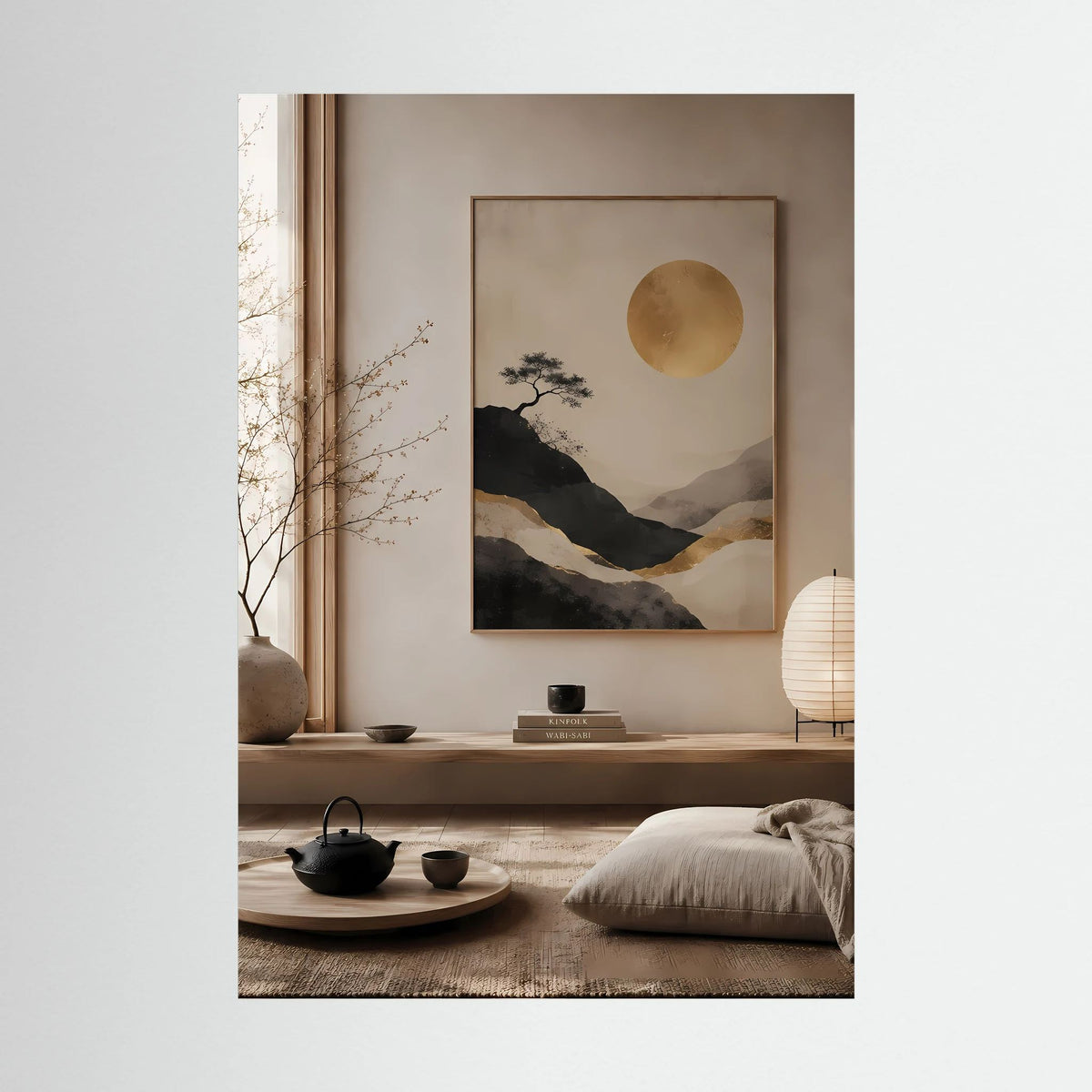 Poster im Hochformat mit goldener Sonne, Bergen und Baum in beigen und dunklen Tönen