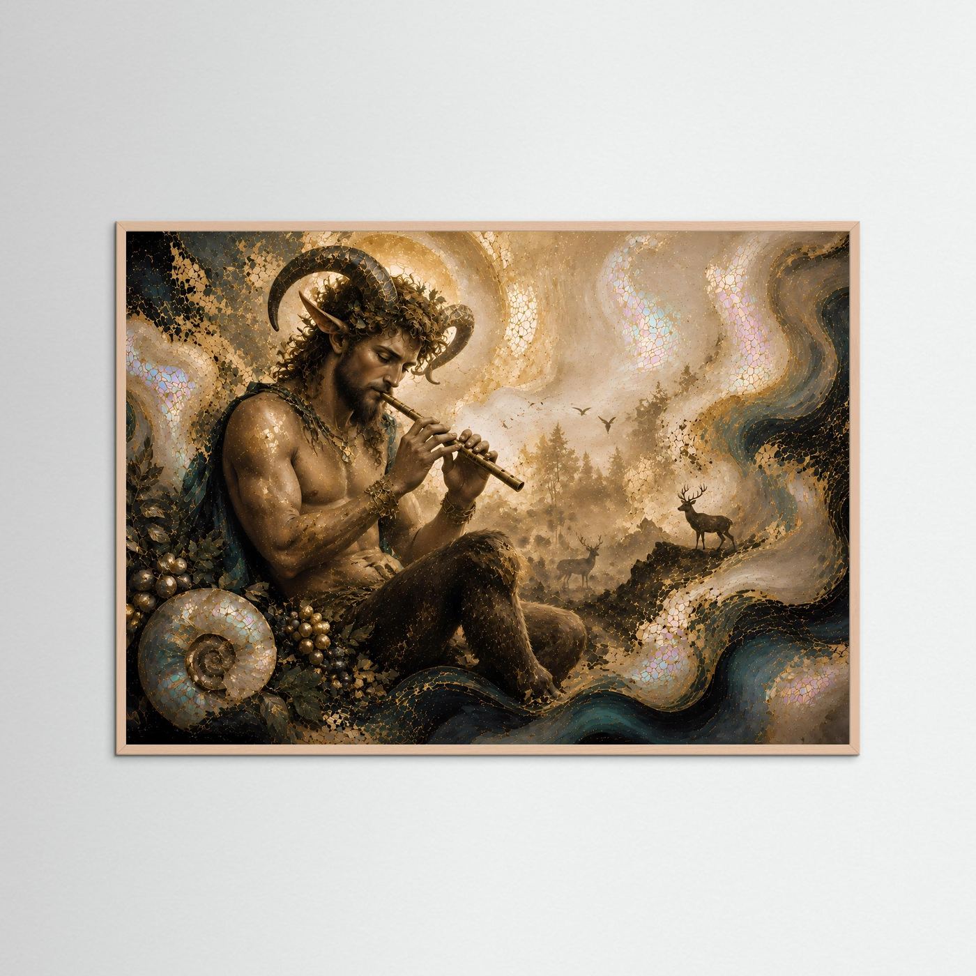 Pan mit Flöte im mystischen Wald | Griechische Mythologie Kunst in Gold & Perlmutt