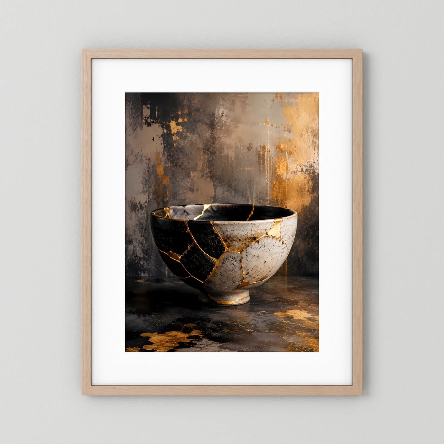 Hochformat-Poster mit Kintsugi-Schale aus Keramik in Schwarz, Weiß und goldenen Risslinien.
