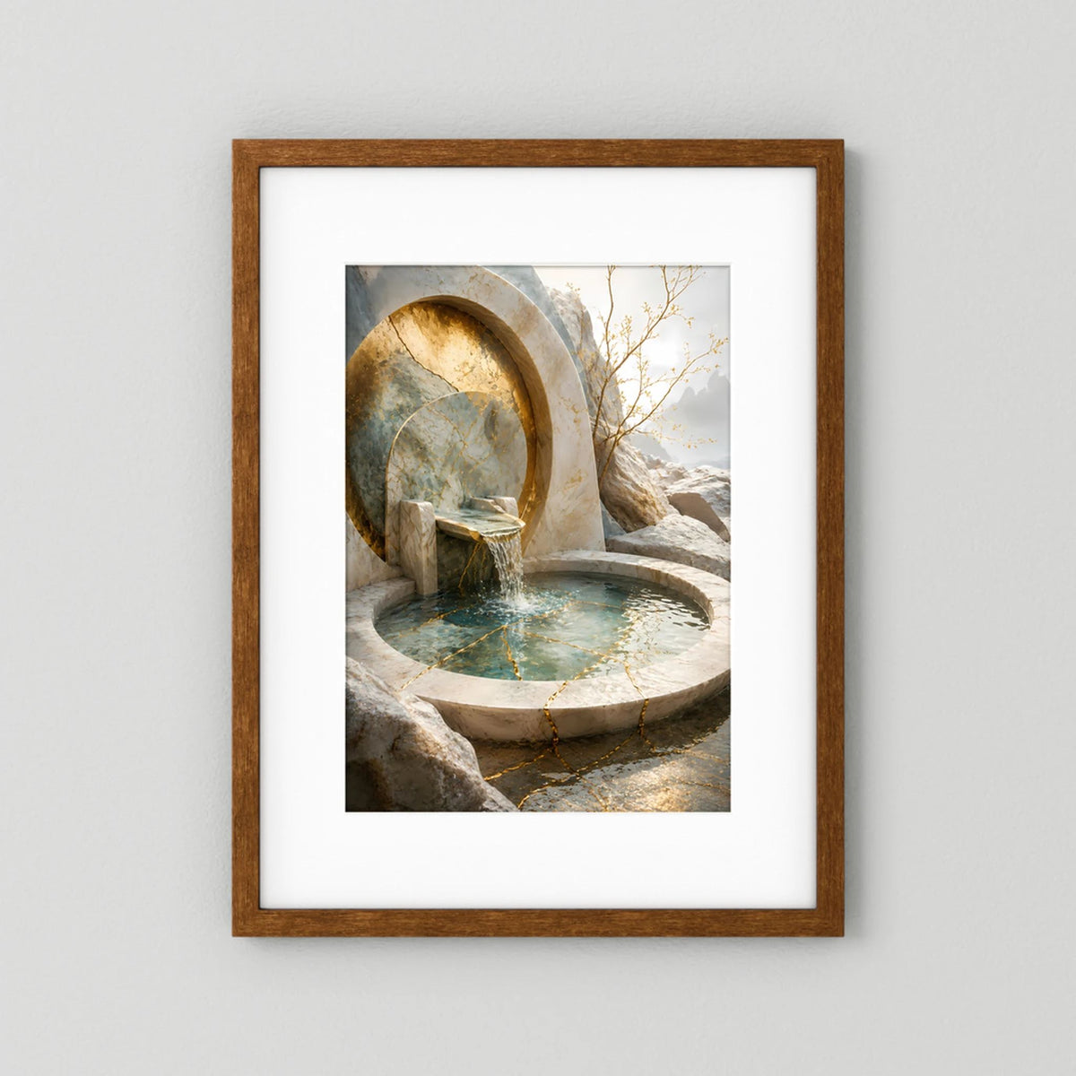 Hochformat-Poster mit braunem Holzrahmen: goldene Öffnung, Rundbrunnen und türkisfarbenes Wasser