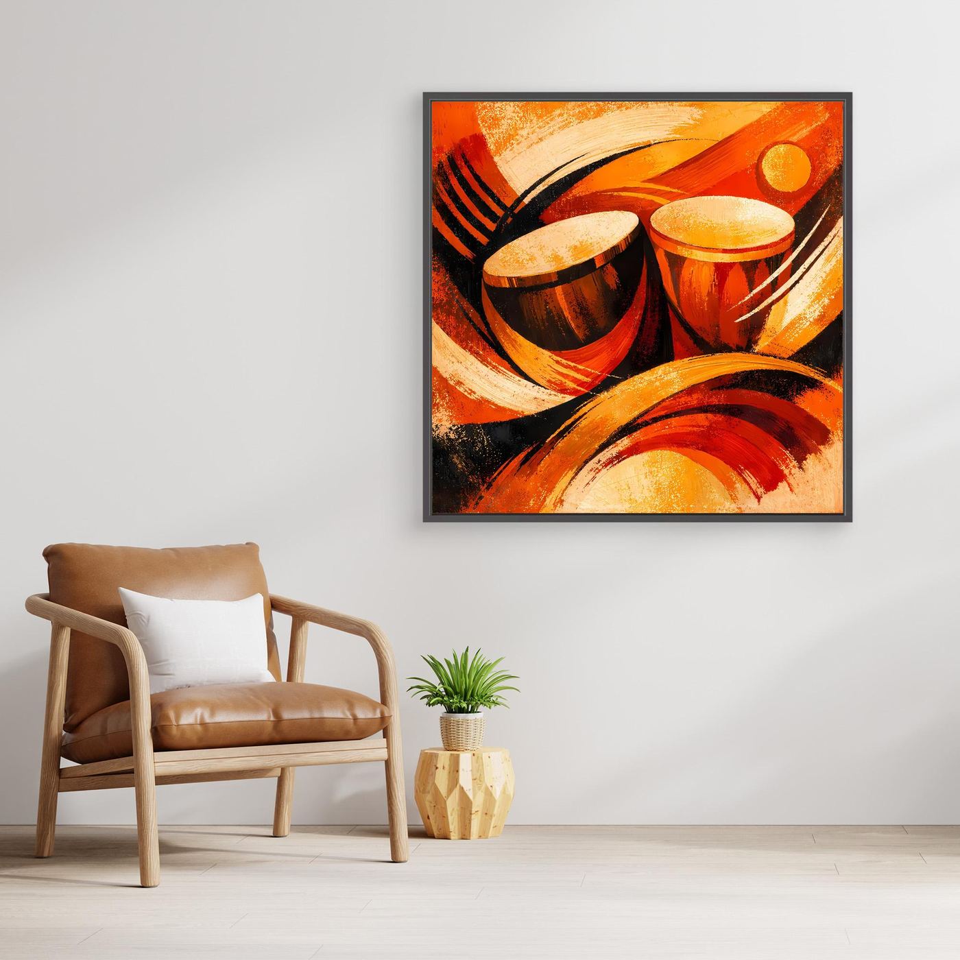 Abstraktes Leinwandbild mit Trommeln und Kreisen in warmen Orange- und Rottönen, quadratisch