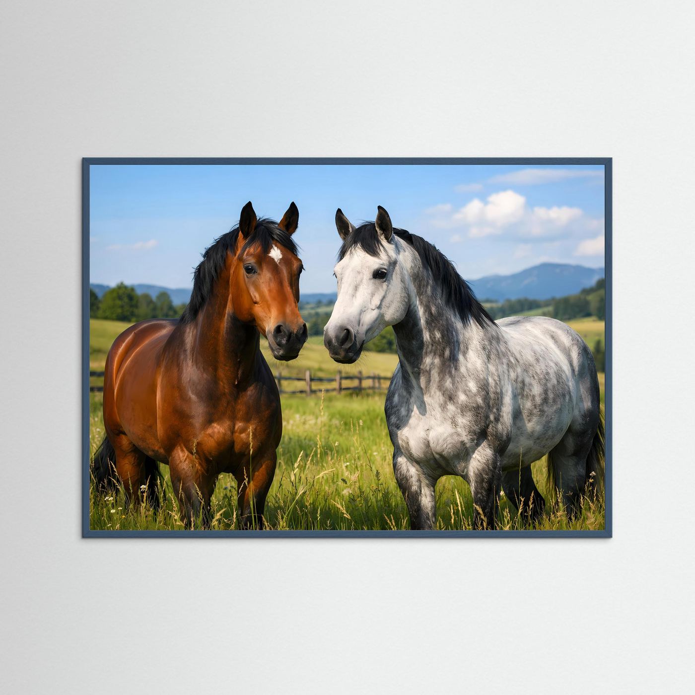 Wildtierposter mit zwei Pferden, mit blauem Rahmen