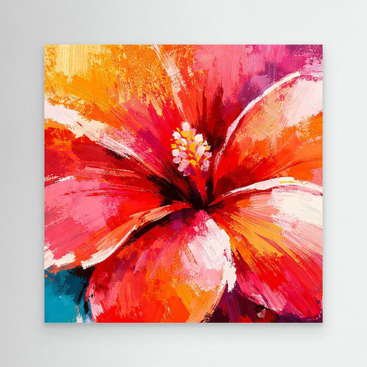 Leinwand Abstraktes Hibiskus Blütenbild | Modernes Tropen Wandbild Rot Pink