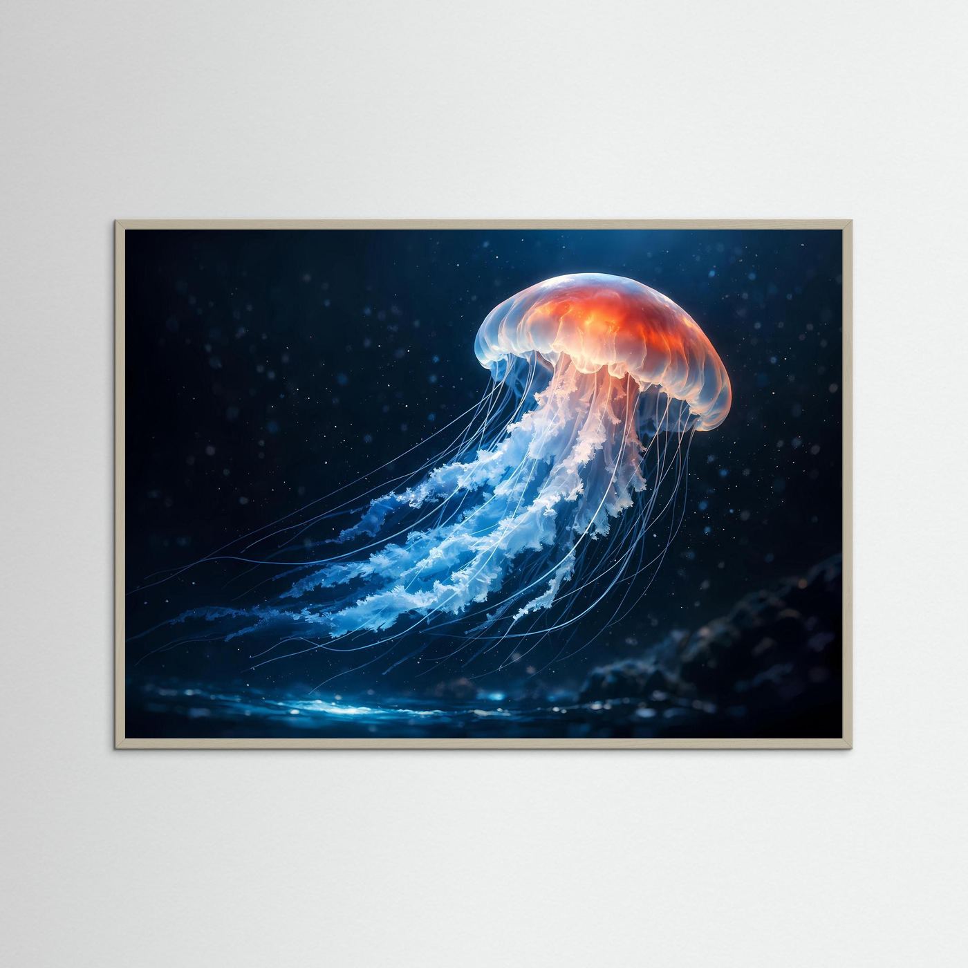 Poster Querformat mit leuchtender Qualle im Tiefsee-Panorama, dunkelblaue Einfassung