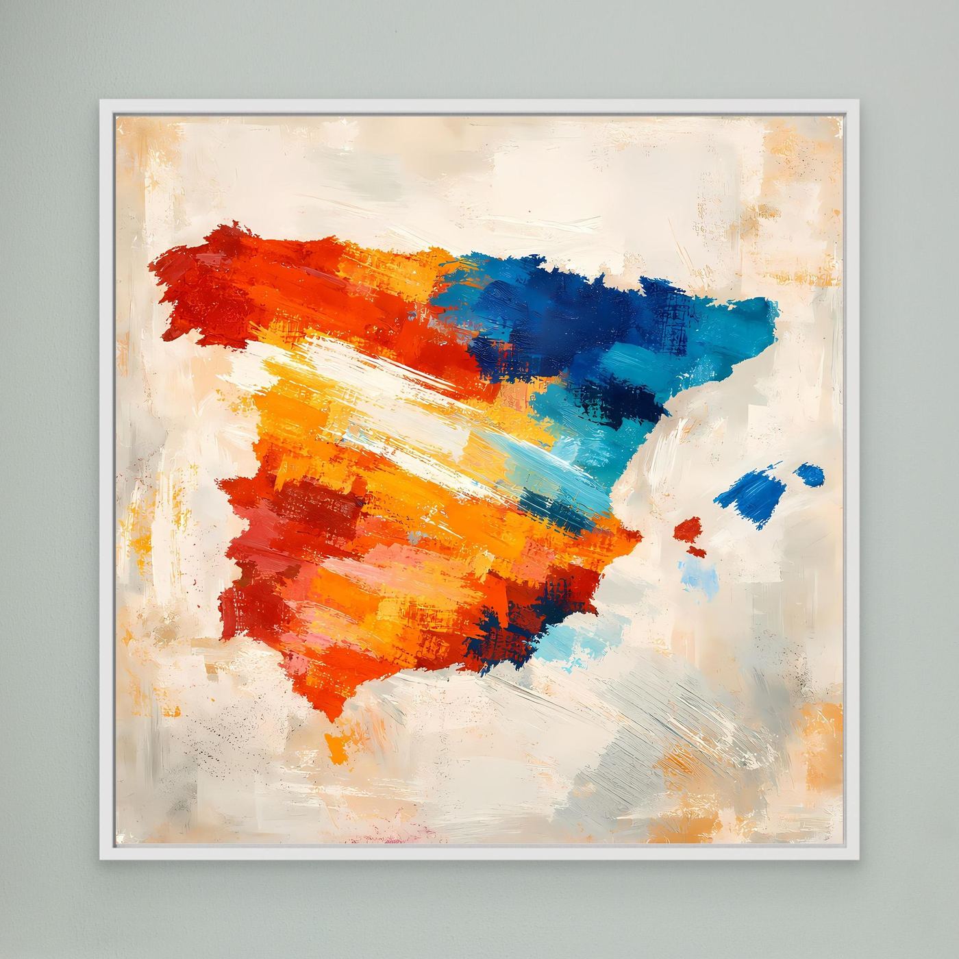 Abstract Spain map wall art with red and blue brush strokes on cream canvas, white frame