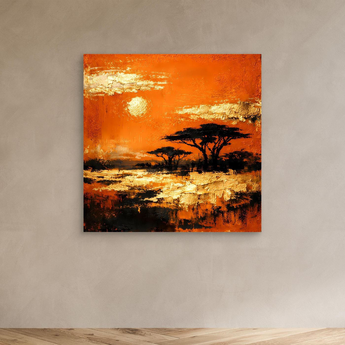 Leinwand Abstraktes Savannen-Panorama | Modernes Afrika Wandbild in Orange und Goldblättern