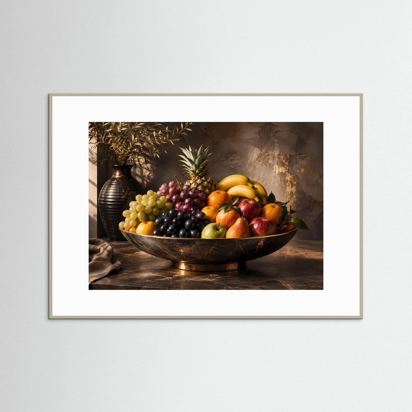 Obststillleben-Poster mit Früchteschale und Keramikvase, grauer Rahmen