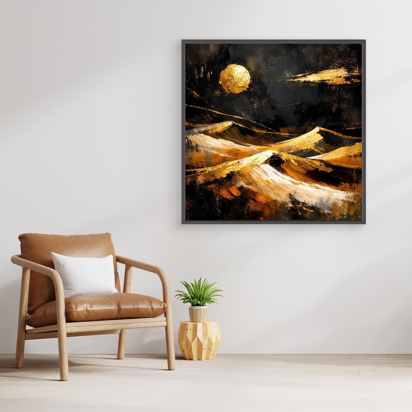 Leinwand Goldene Wüstenlandschaft bei Nacht | Abstraktes Dünen Wandbild Modern