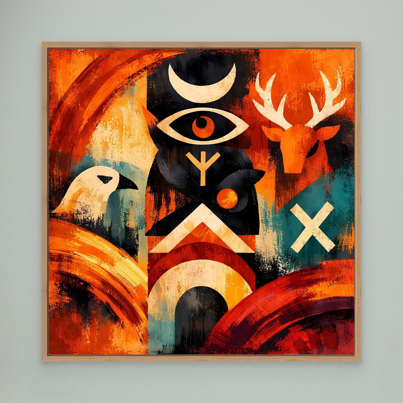 Abstraktes Totem-Leinwandbild mit Runen, Auge und Hörnern; im hellen Holzrahmen