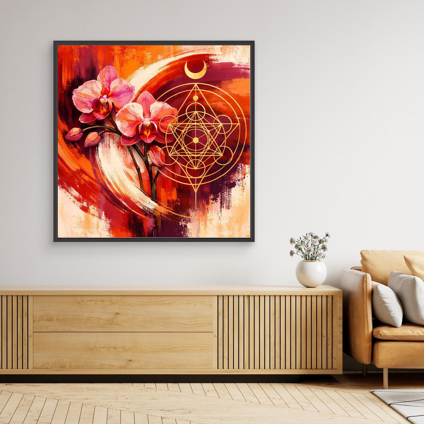 Abstraktes Wandbild mit Orchideen und goldener heiliger Geometrie, schwarz gerahmt