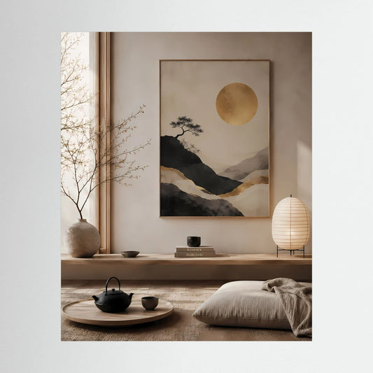 Poster im Hochformat mit goldener Sonne, Bergen und Baum, beige und dunkle Silhouette
