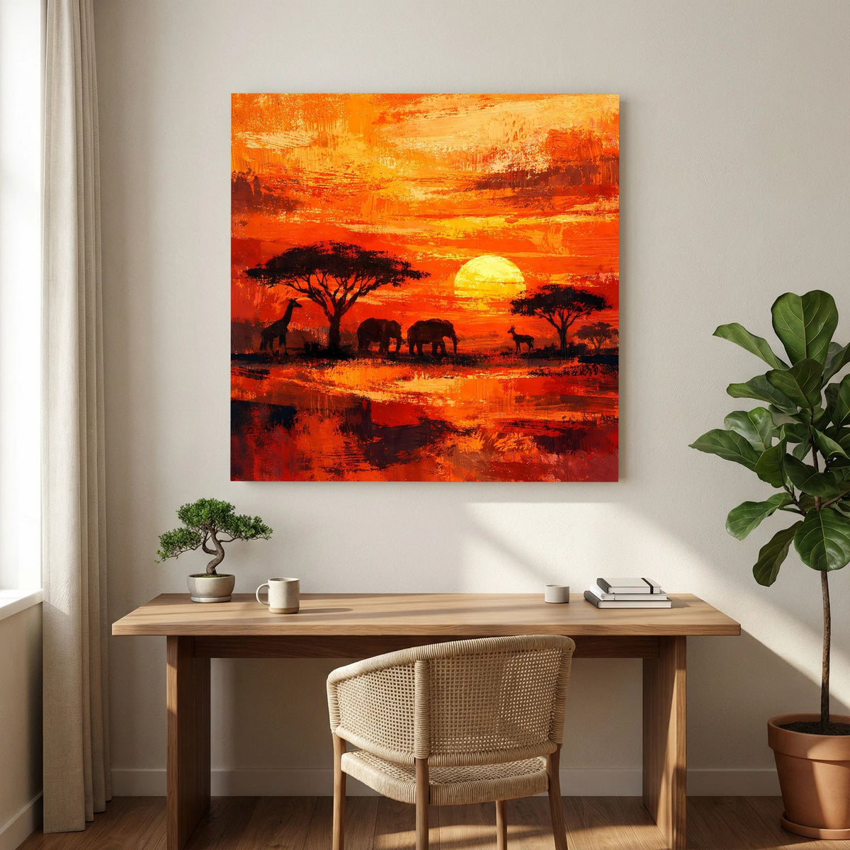 Leinwand-Wandbild mit afrikanischer Savanne im Sonnenuntergang, Tier- und Baum-Schatten